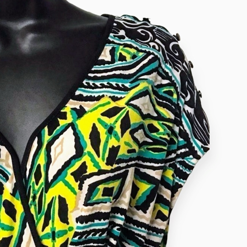 Madison Womens S Dress Geometric Print V Neck Cap Sleeve Button Accents Green - Picture 4 of 9
